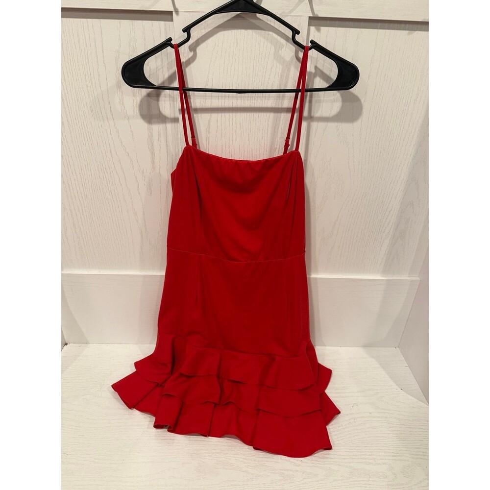Red Spaghetti-Strap Ruffle Hem Mini Dress - Picture 2 of 3